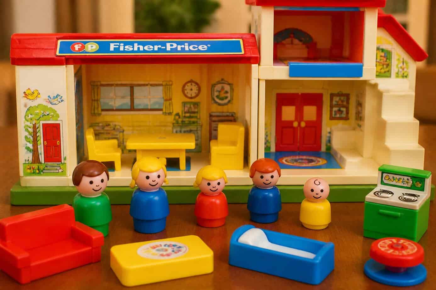 A Fisher-Price Little People toy family with a playhouse and accessories arranged on a surface.