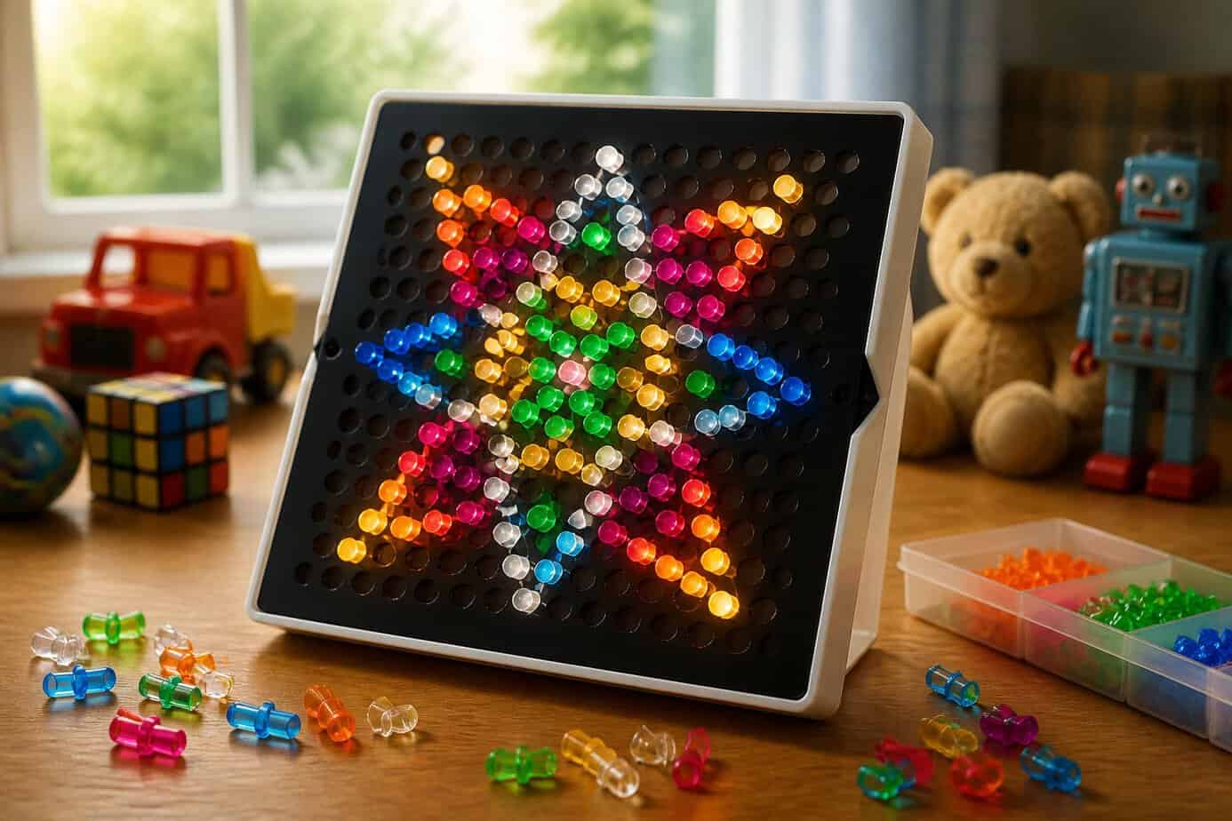 A Lite-Brite toy with colorful glowing pegs arranged in a pattern on a wooden table, surrounded by scattered pegs and vintage toys in the background.
