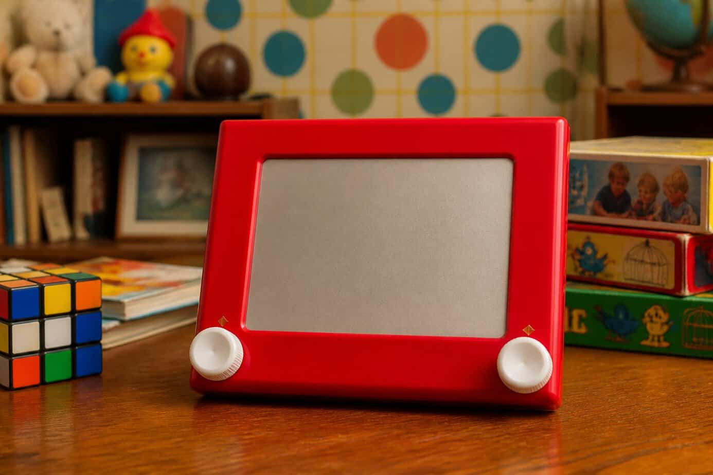 A red Etch A Sketch toy on a wooden table with vintage 1980s toys and colorful wallpaper in the background.