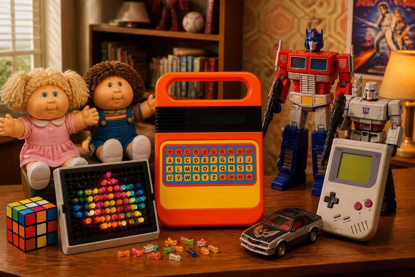 A collection of classic 1980s toys including a Speak & Spell, Rubik's Cube, and action figures arranged on a table in a cozy room.