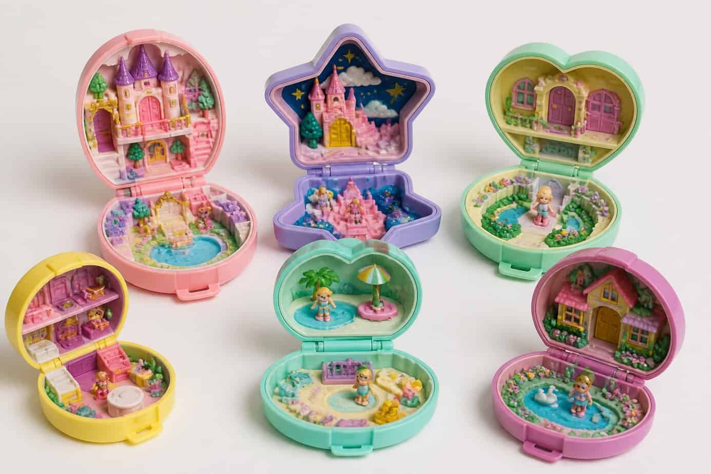 A collection of open Polly Pocket compact toy sets from the 1980s showing miniature play scenes inside colorful plastic cases.