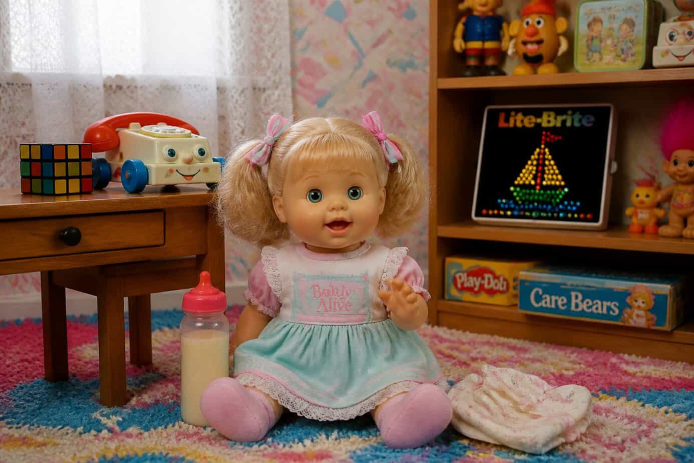 A Baby Alive doll from the 1980s displayed in a children's playroom with vintage toys around it.