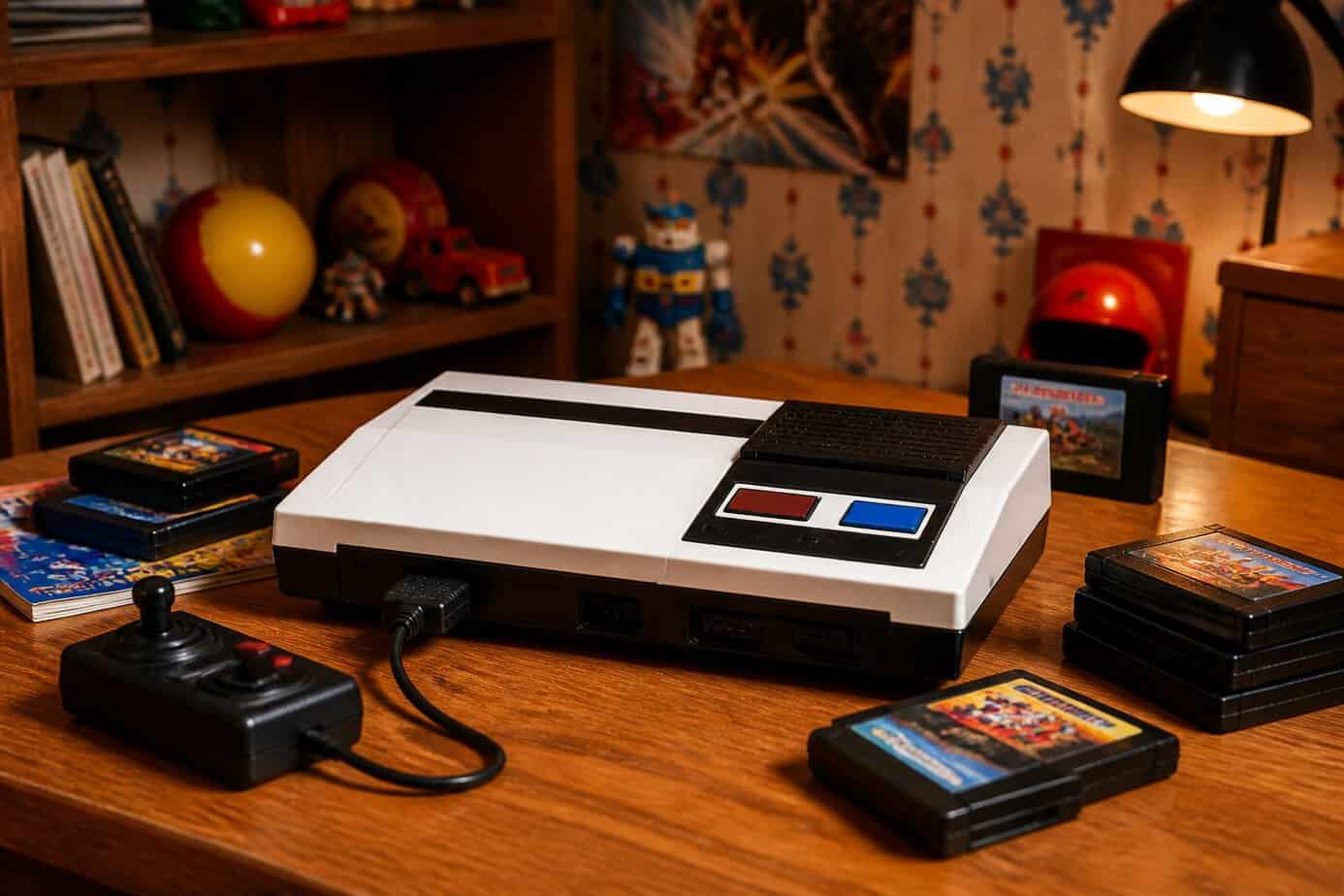 A vintage Sega Master System console with game cartridges and a controller on a wooden table in a child's room decorated with 1980s toys and wallpaper.