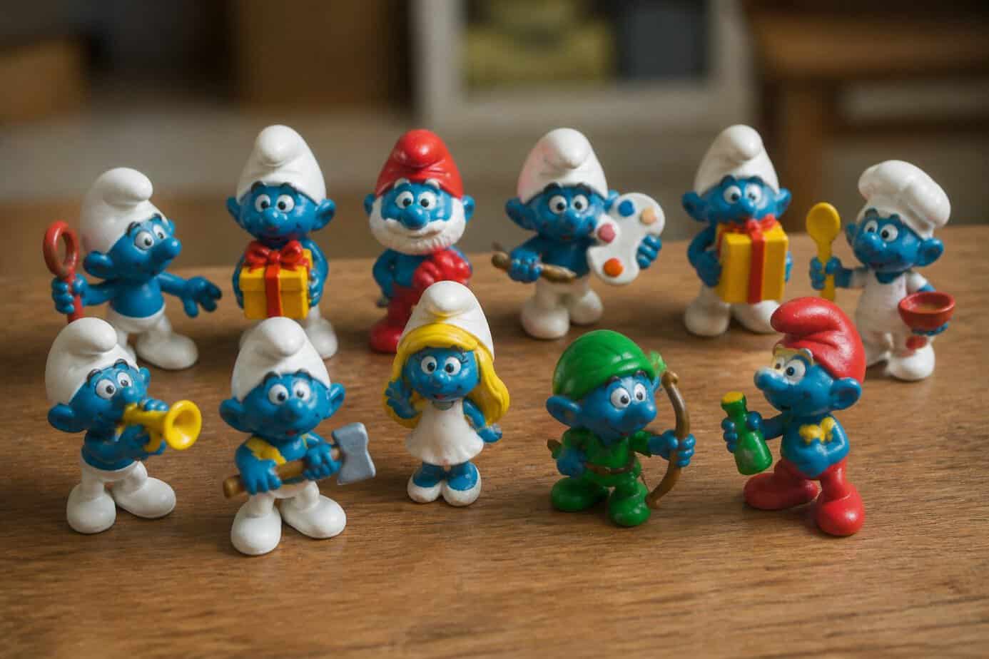 A collection of colorful Smurfs figurines arranged on a wooden surface.