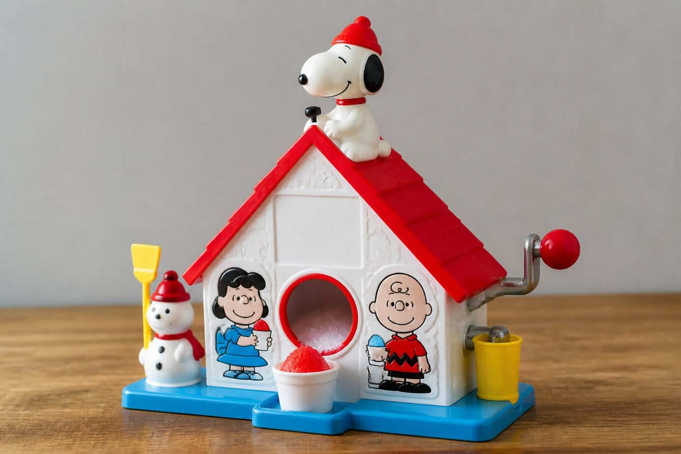A colorful vintage Snoopy Sno-Cone Machine toy from the 1980s on a plain background.