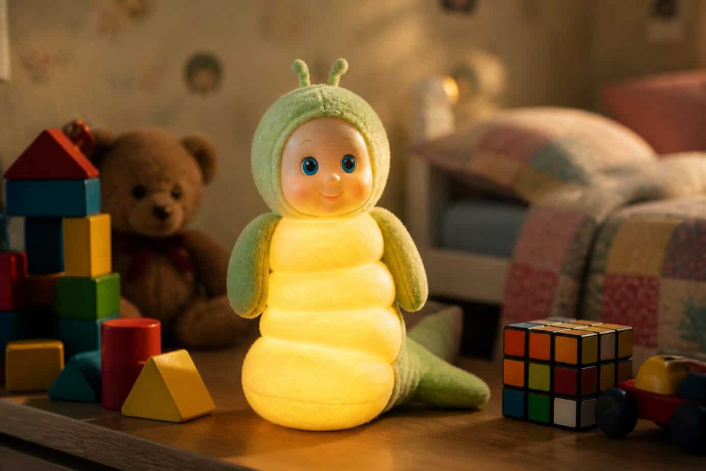 A glowing Glo Worm toy on a wooden surface in a child's 1980s bedroom with vintage toys and pastel wallpaper in the background.