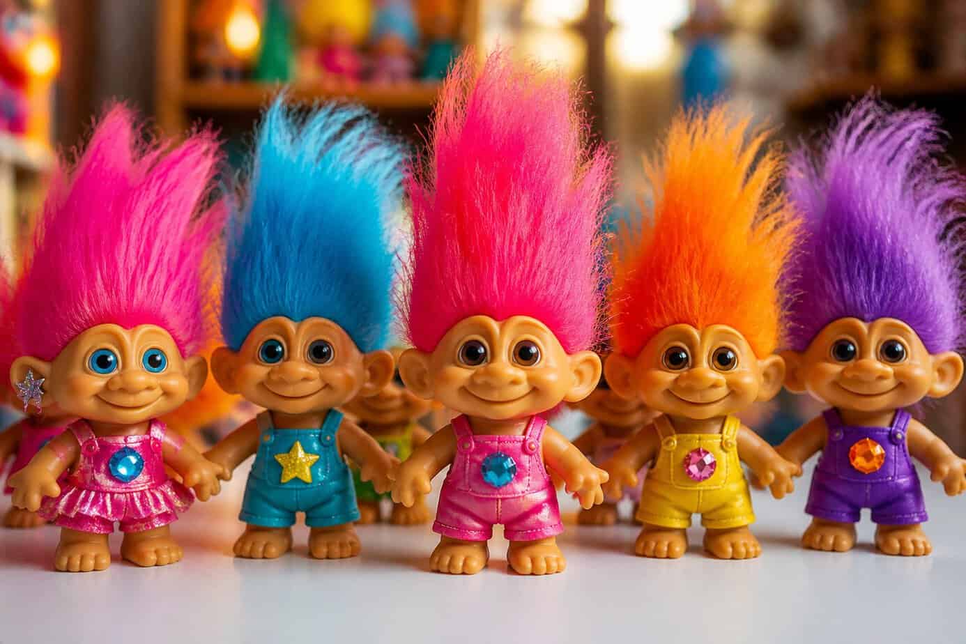 A group of colorful troll dolls with wild hair standing on a white surface.