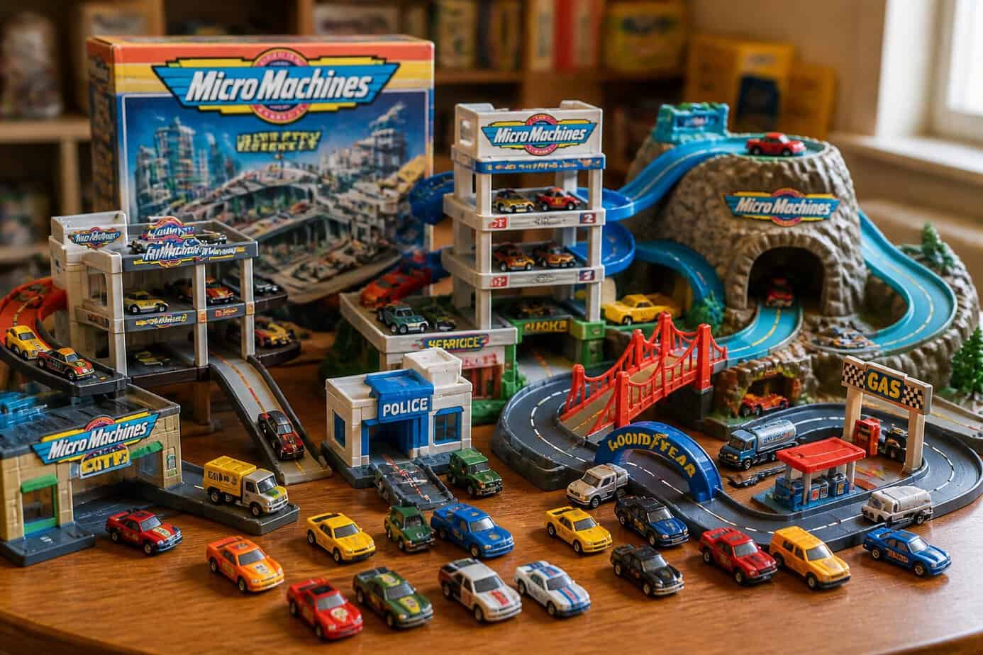 A collection of colorful 1980s Micro Machines toy cars and playsets arranged on a table.