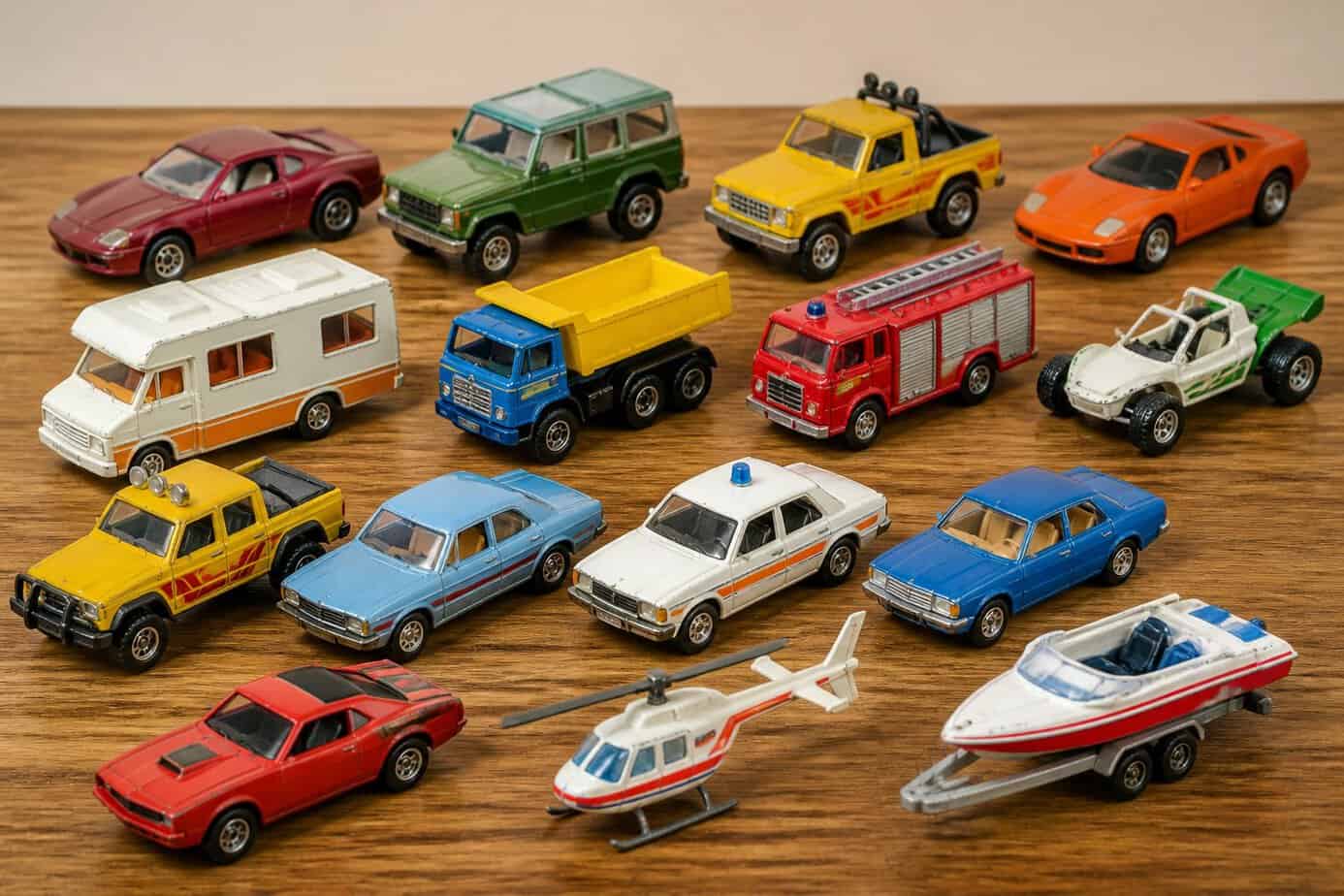 A collection of vintage Matchbox die-cast toy cars and trucks arranged on a wooden surface.