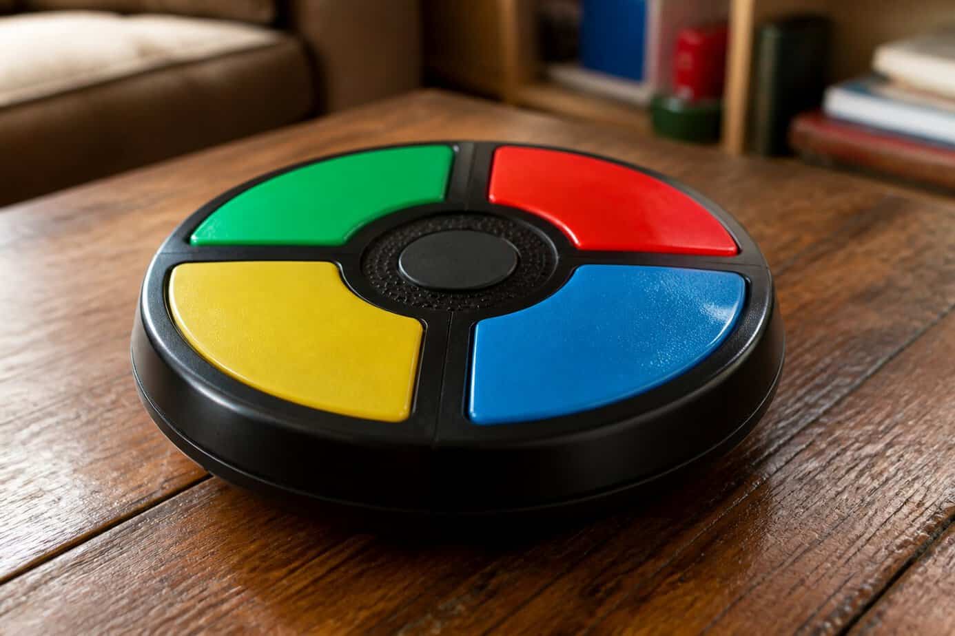 A classic Simon electronic memory game with four colored buttons on a wooden table.