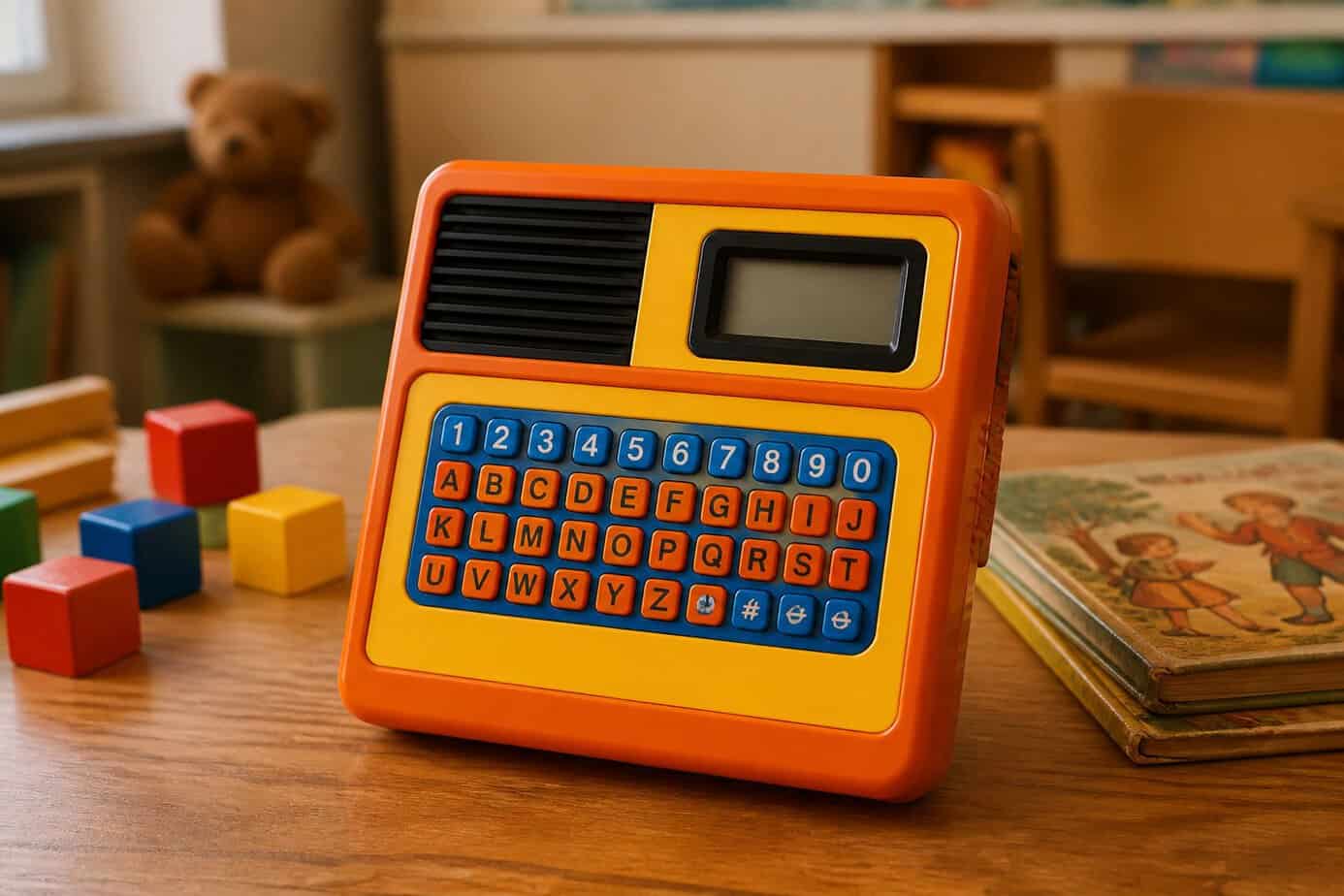 A classic 1980s Speak & Spell Jr. educational handheld toy on a wooden table in a child's playroom with colorful building blocks nearby.