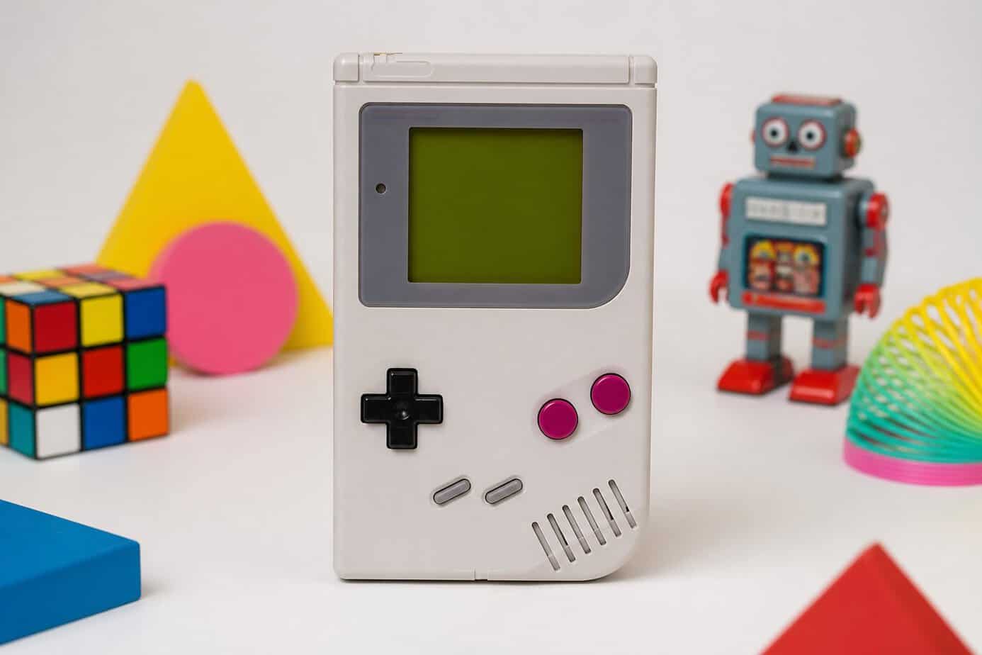 A classic Nintendo Game Boy handheld console from the 1980s displayed on a neutral background with some colorful retro toys around it.