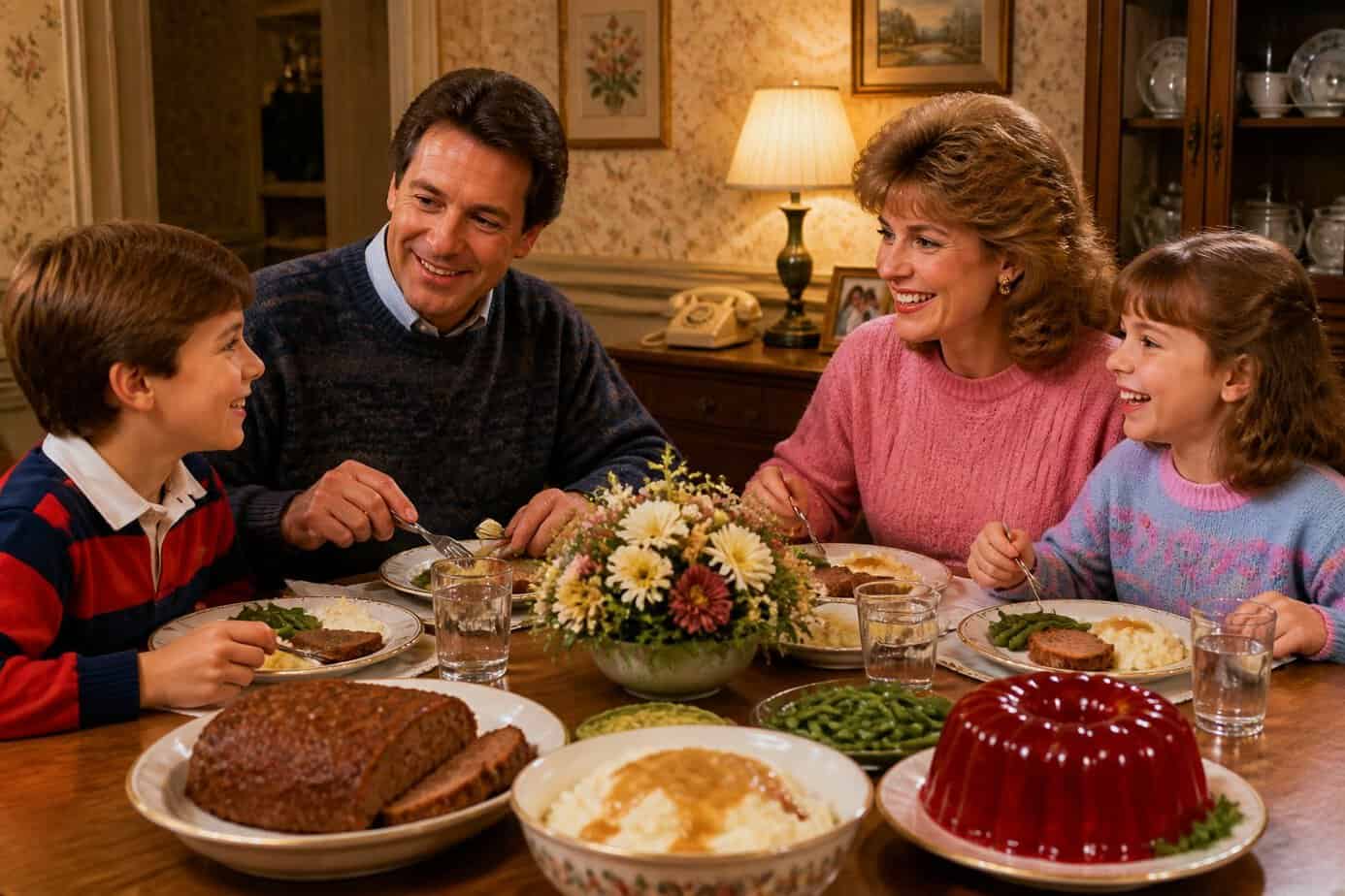 A family of four enjoying a warm dinner together around a wooden table filled with classic 1980s dishes in a cozy dining room.