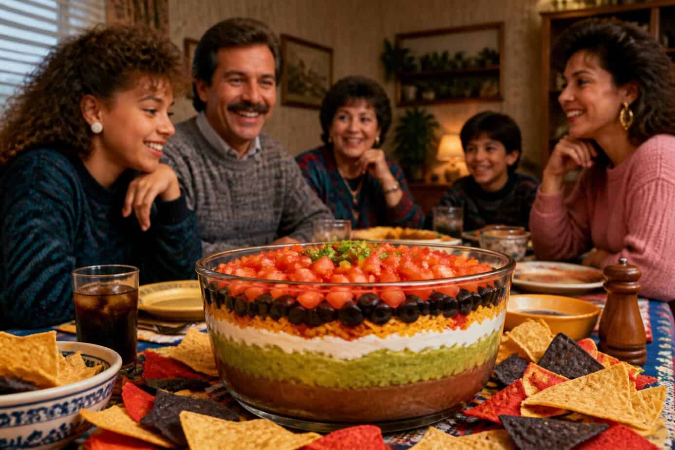 A bowl of seven-layer dip with tortilla chips on a table, surrounded by a family enjoying dinner together.