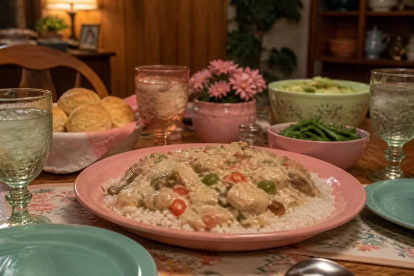 A plate of Chicken à la King with creamy sauce, vegetables, and rice on a dining table set for a family meal.
