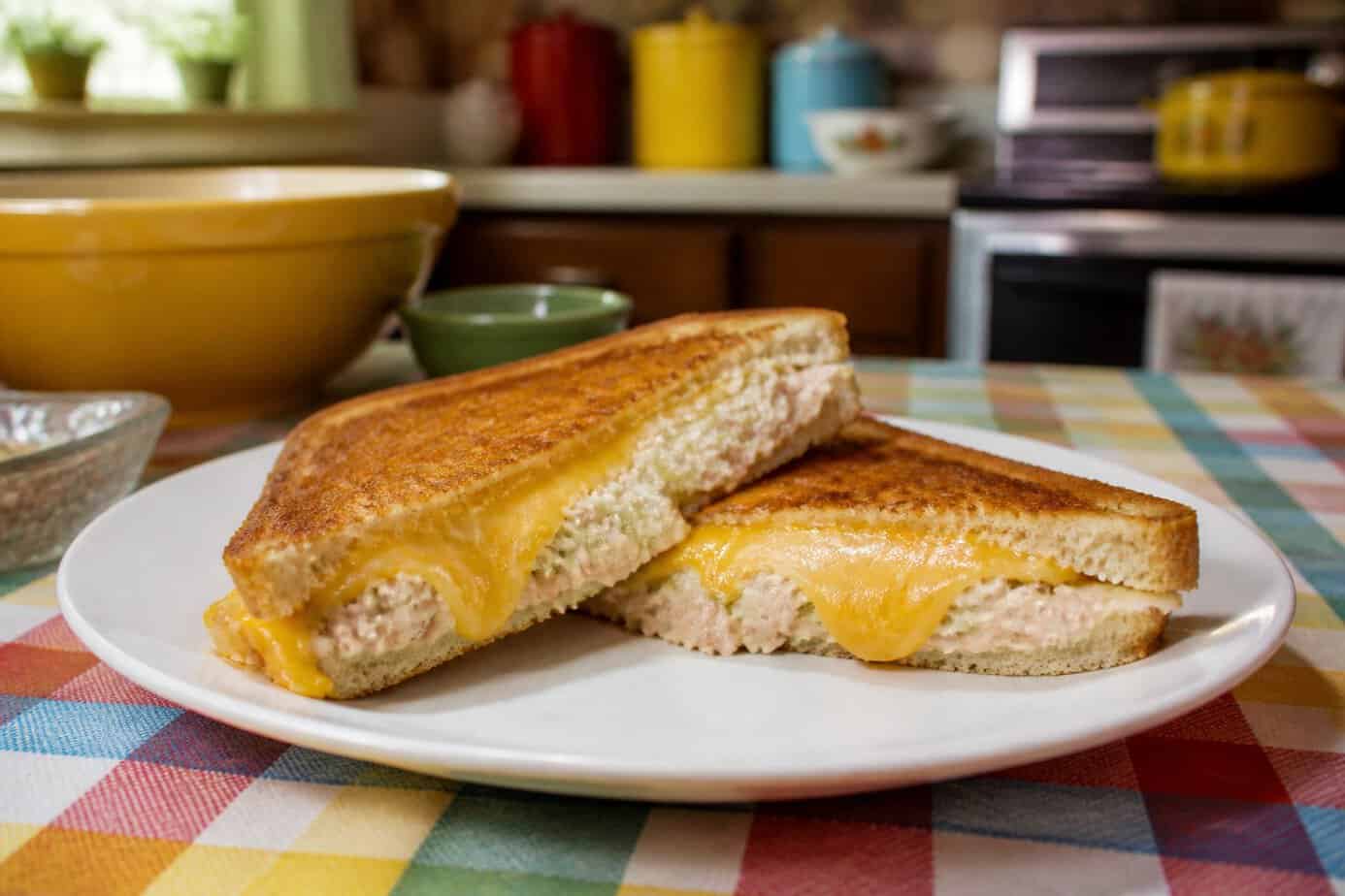 A tuna melt sandwich cut in half on a white plate with melted cheese and tuna filling, set on a checkered tablecloth in a cozy kitchen.