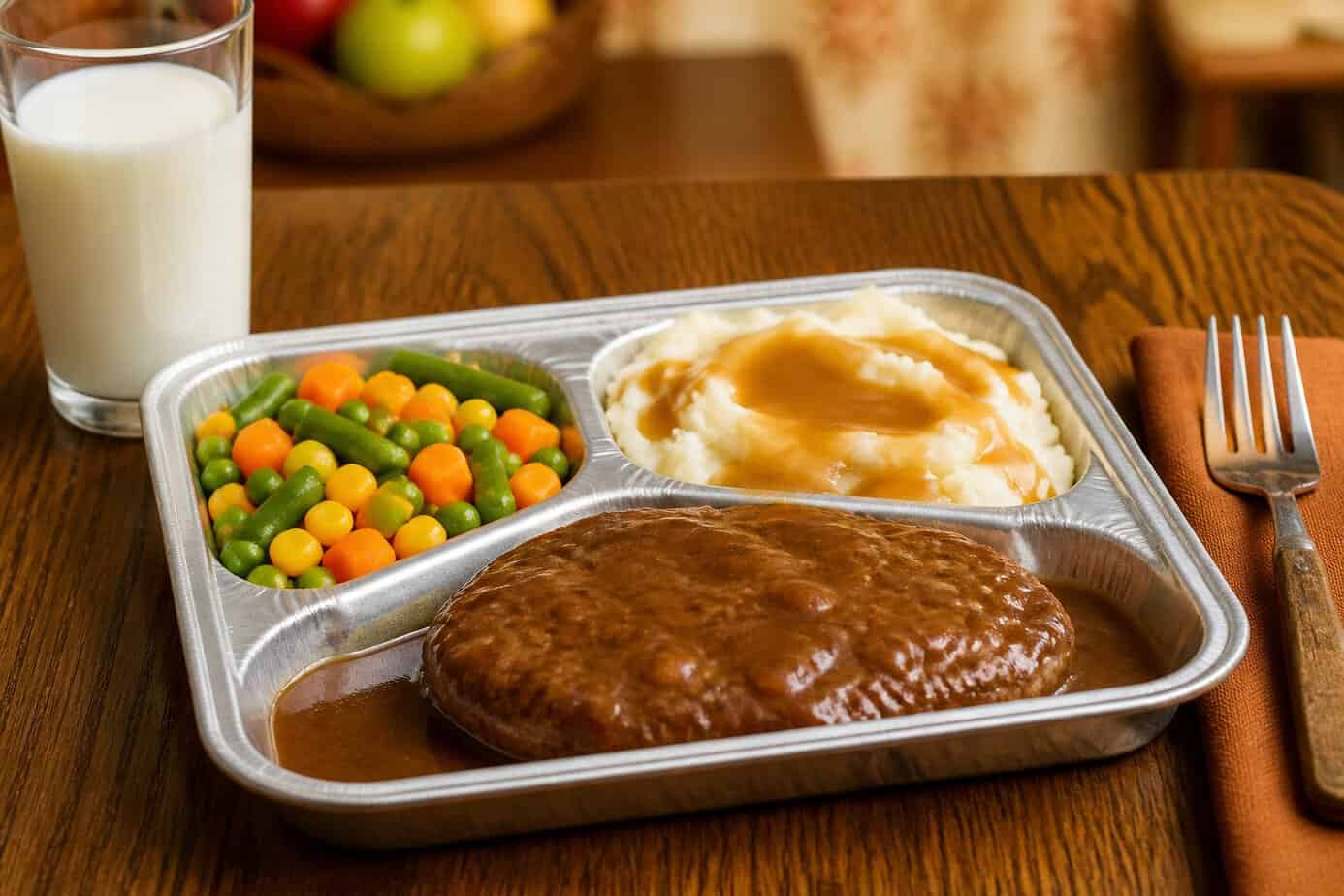 A TV dinner tray with Salisbury steak, mashed potatoes with gravy, and mixed vegetables on a kitchen table with a glass of milk.