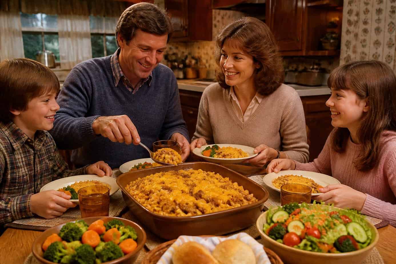 A family of four sitting around a table enjoying a cheesy hamburger helper casserole with side dishes in a 1980s style kitchen.