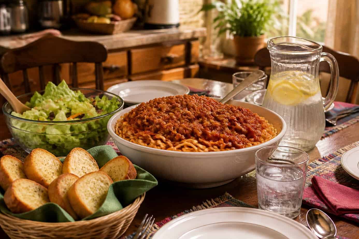 A bowl of spaghetti with meat sauce on a family dining table surrounded by salad, garlic bread, and a pitcher of water.