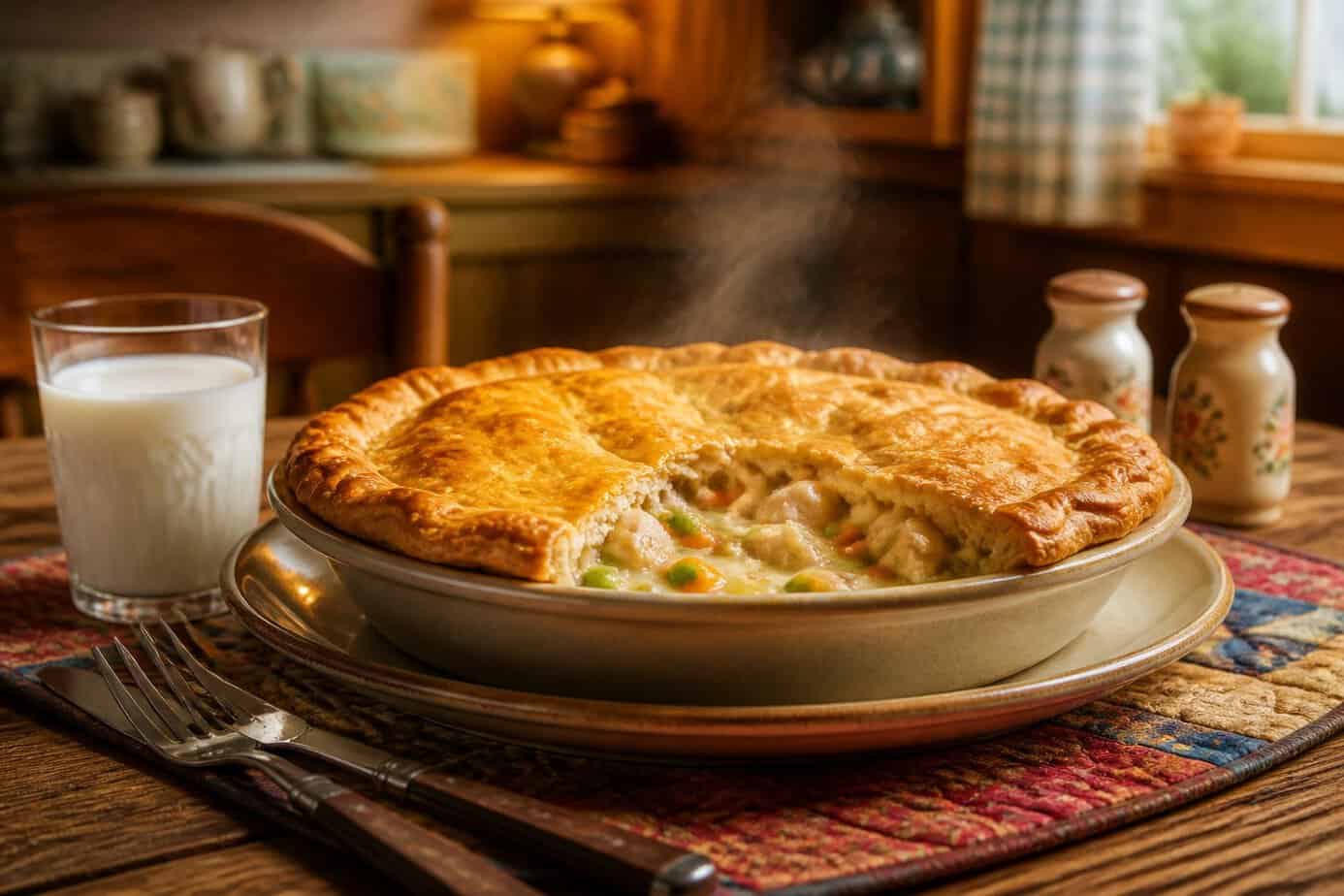 A freshly baked chicken pot pie with a golden crust on a wooden table, surrounded by a plate, utensils, and a glass of milk in a cozy kitchen setting.
