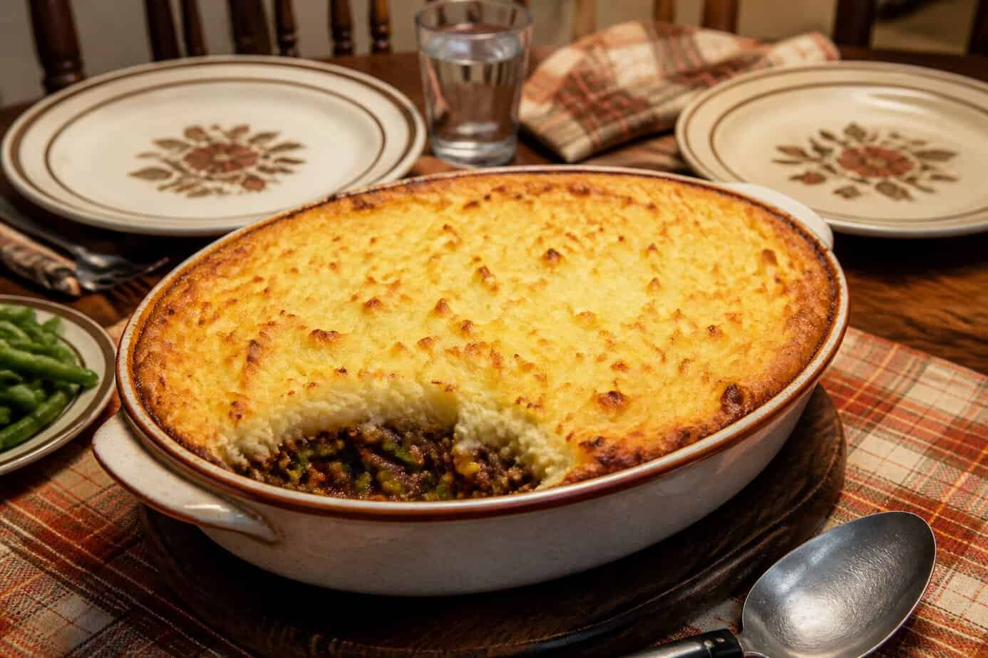 A golden-brown shepherd’s pie on a rustic wooden table with a checkered tablecloth and vintage plates, ready to be served for a family dinner.