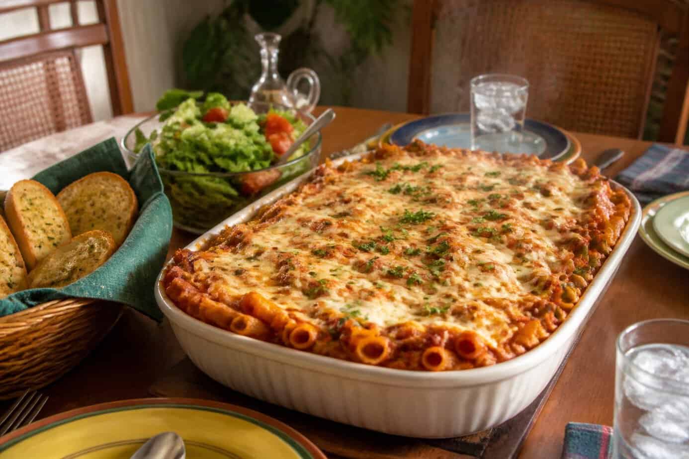 A family dinner table with a steaming casserole dish of baked ziti topped with melted mozzarella cheese, surrounded by salad and garlic bread.