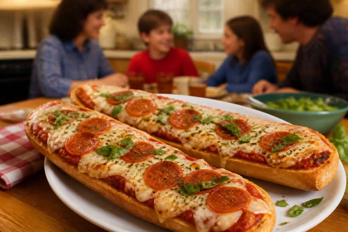 A plate of French bread pizza topped with melted cheese and pepperoni on a kitchen table.