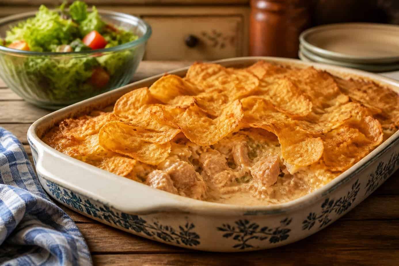 A baked tuna casserole topped with potato chips on a wooden table, accompanied by a side salad.