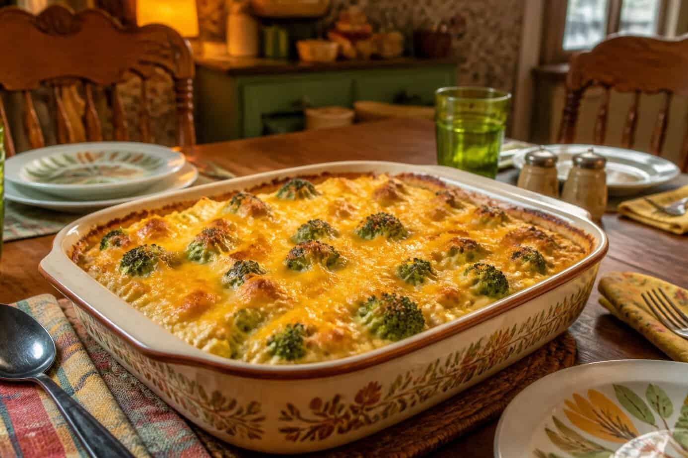 A broccoli-cheese casserole in a ceramic baking dish on a wooden table with plates and silverware nearby.
