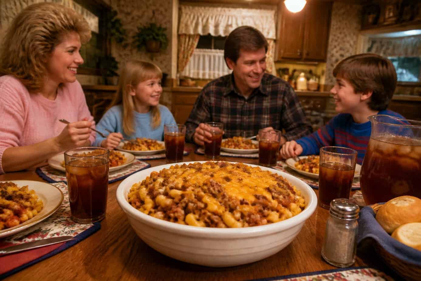 A bowl of American hamburger macaroni goulash on a wooden table with a family eating dinner together in the background.