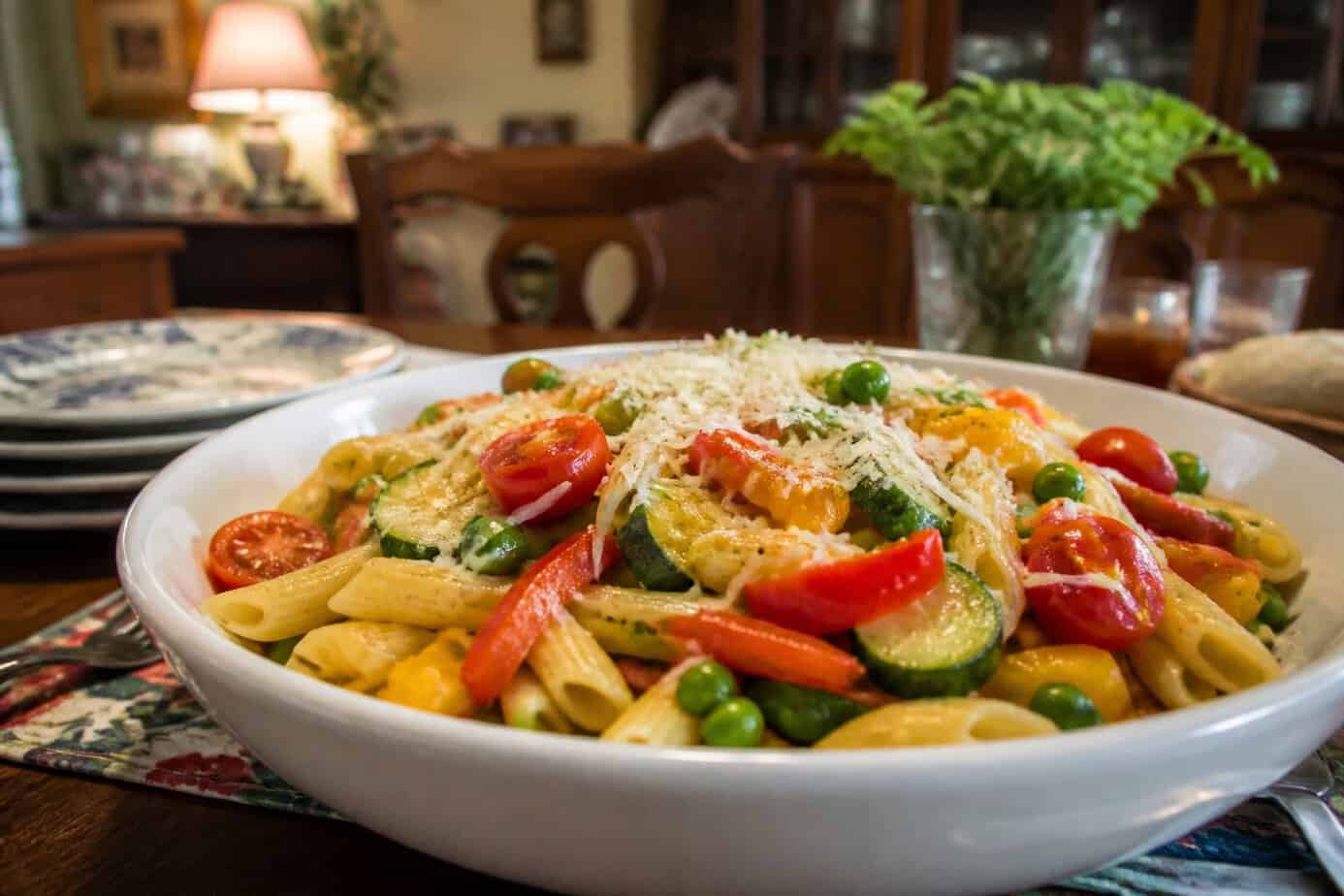 A bowl of colorful Pasta Primavera with Parmesan on a family dinner table.