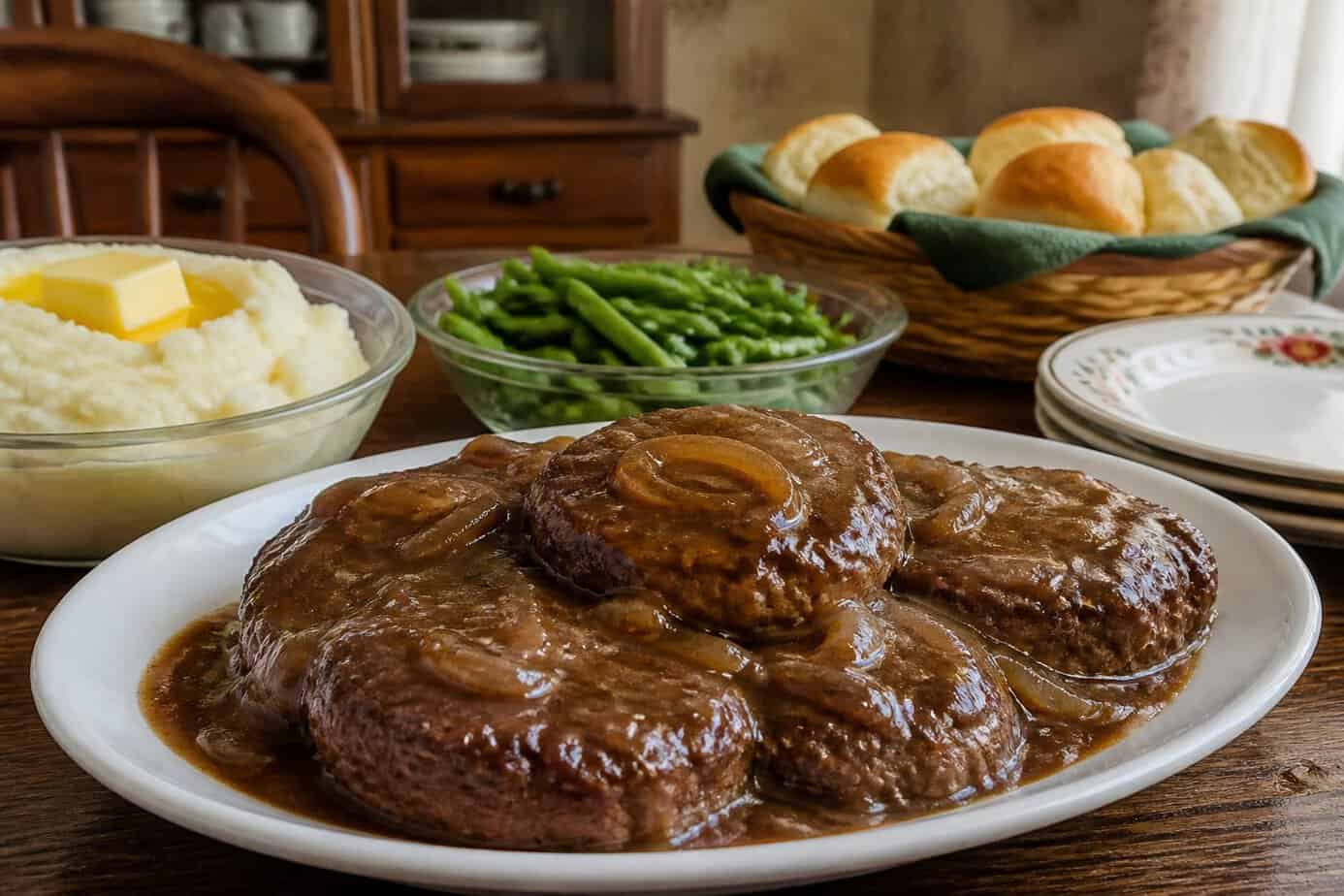 Plate of hamburger patties covered in onion gravy served with mashed potatoes and green beans on a wooden dining table.