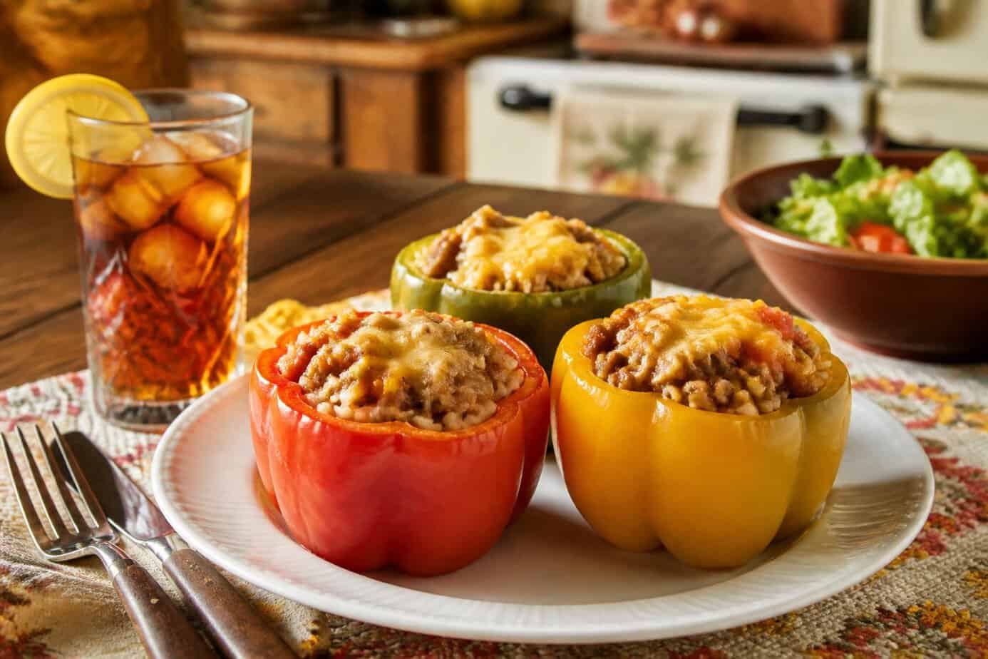 A plate of colorful stuffed bell peppers filled with meat and rice on a wooden table with a glass of iced tea and silverware.