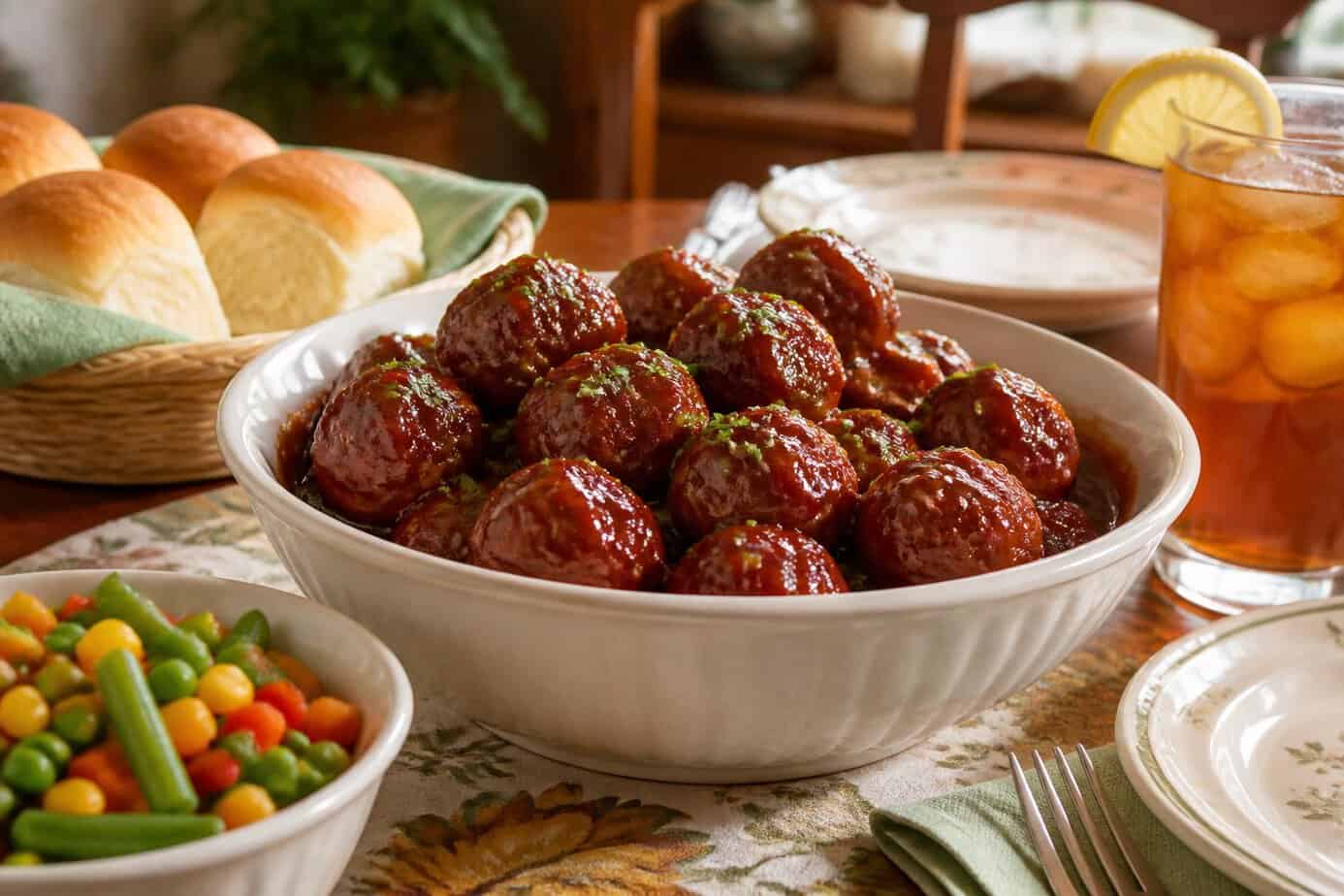 A bowl of barbecue meatballs in sweet sauce on a wooden table, accompanied by dinner rolls and vegetables in a family dining room.