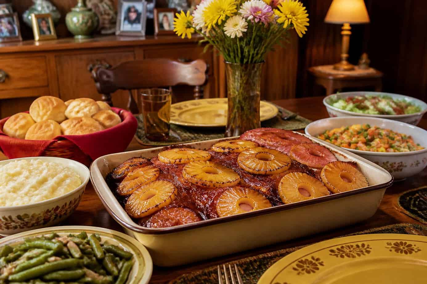 A ham and pineapple casserole on a dining table surrounded by side dishes in a warmly lit family dining room.
