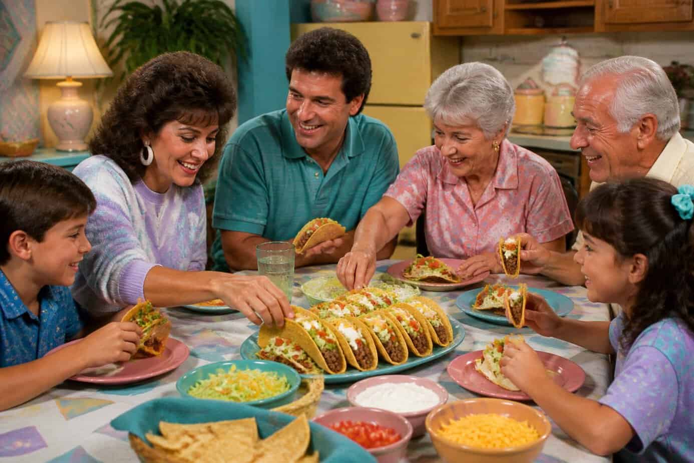A family gathered around a dining table enjoying hard shell tacos with various toppings in a cozy kitchen.