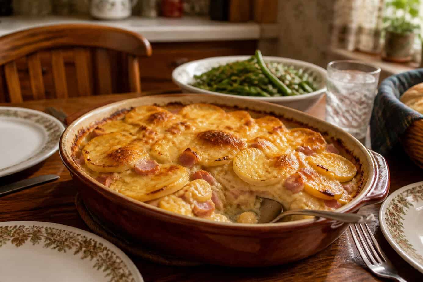 A baked cheesy scalloped potatoes and ham casserole on a wooden dining table set for a family meal.