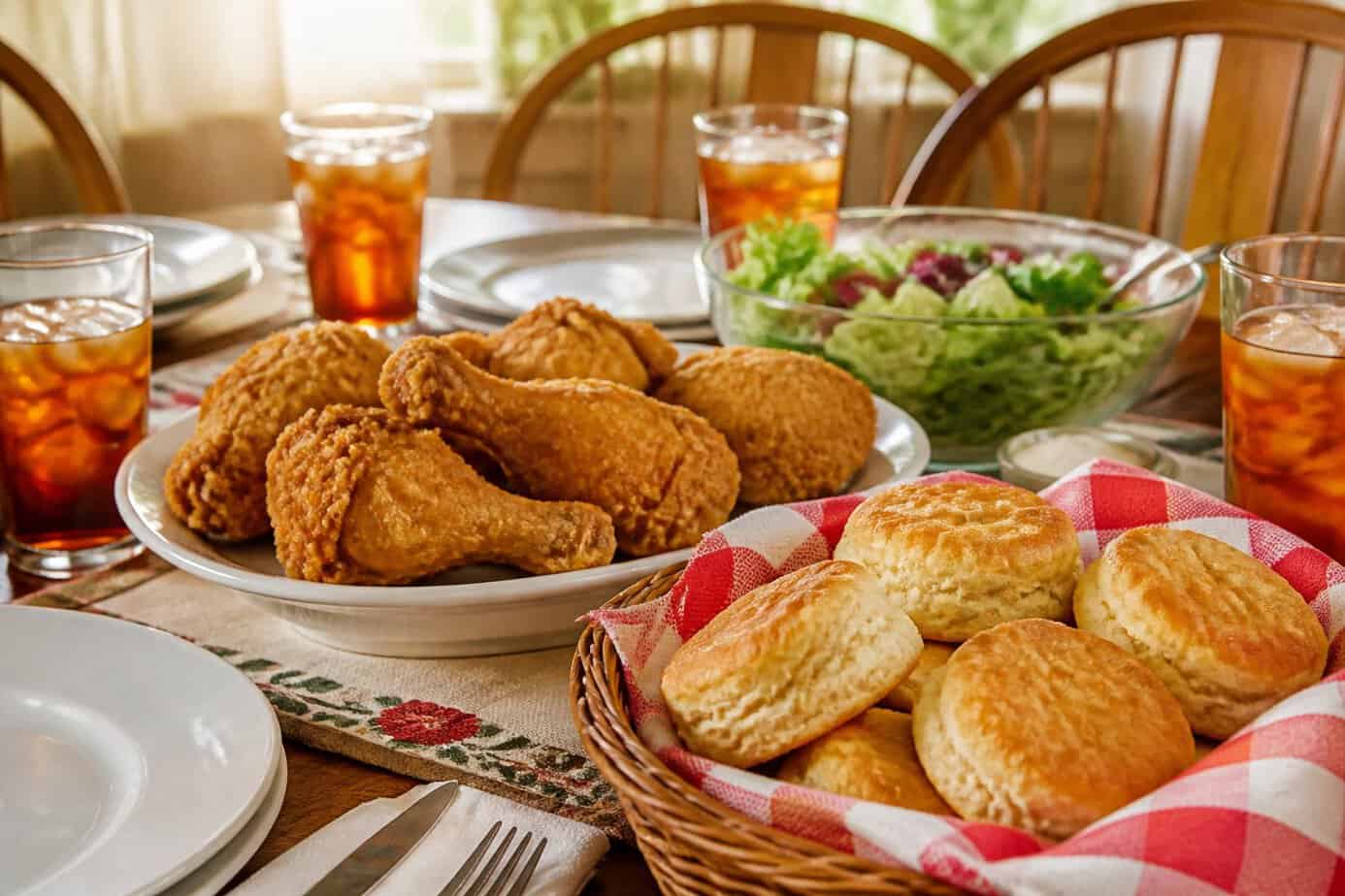 A dinner table with oven-fried chicken, biscuits in a basket, plates, and glasses of iced tea.