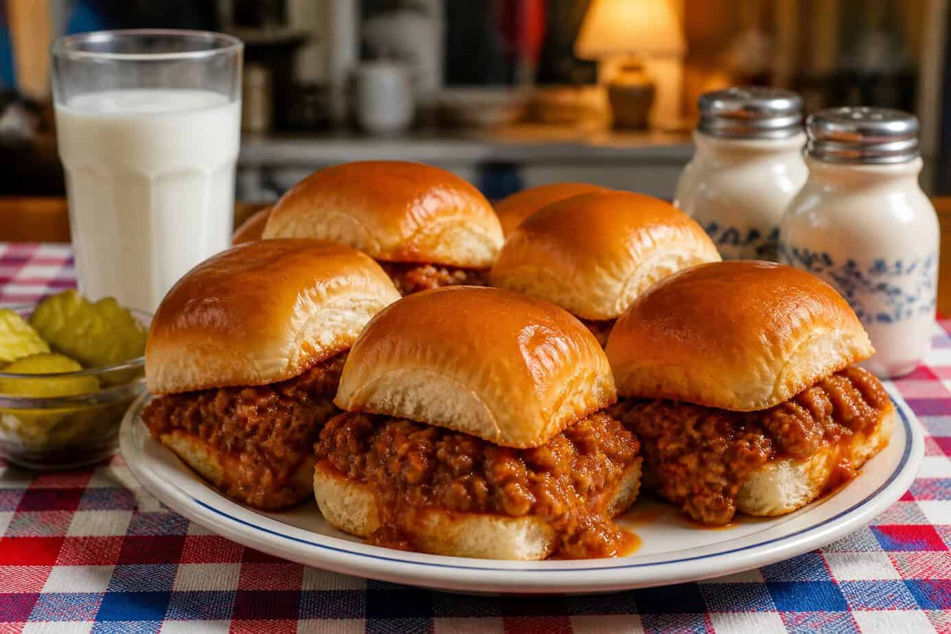 A plate of sloppy joe sliders on Hawaiian rolls on a checkered tablecloth with a glass of milk and pickles nearby.