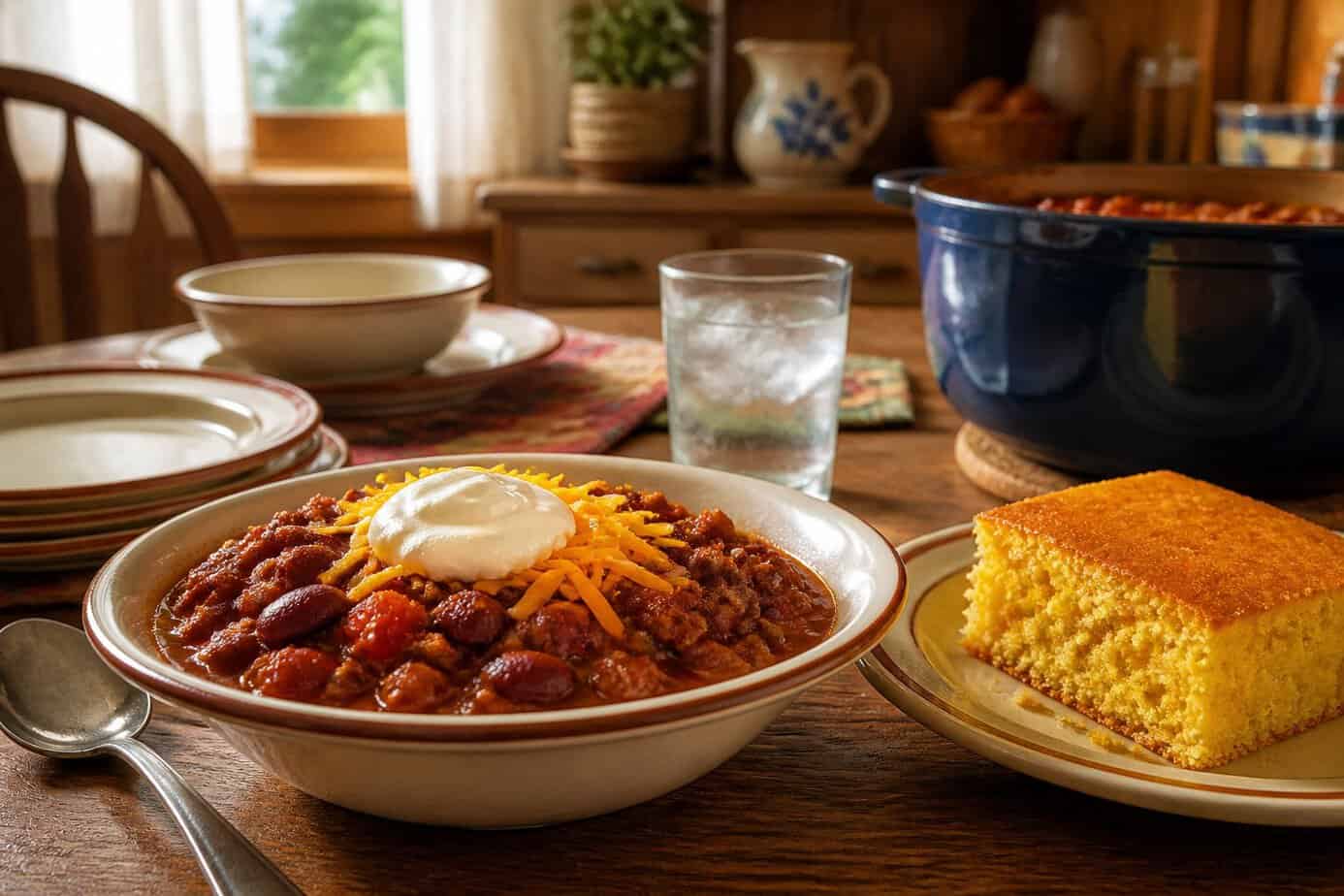 A bowl of chili con carne with shredded cheese and sour cream, served with a piece of cornbread on a wooden table.