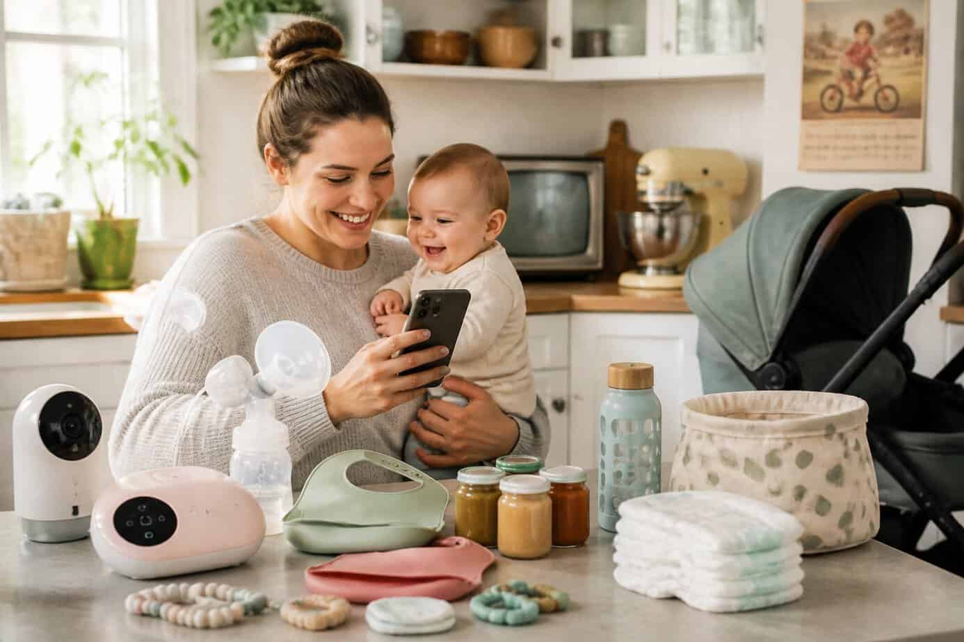 A mother and her child in a bright kitchen surrounded by modern baby products and gadgets, with the mother holding a smartphone.