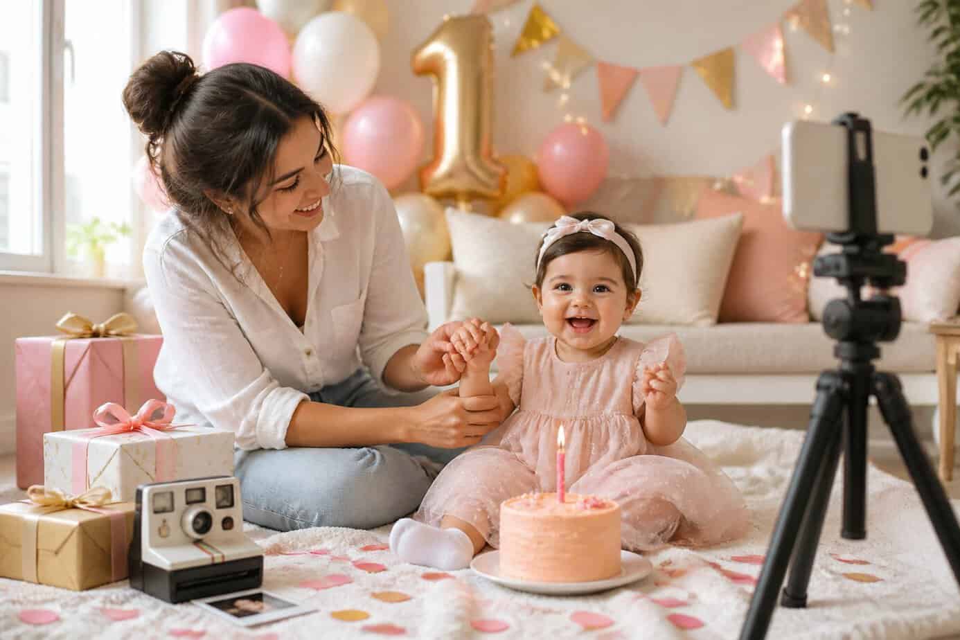 A mother and toddler celebrating a first birthday with balloons, gifts, and a small cake in a decorated living room.