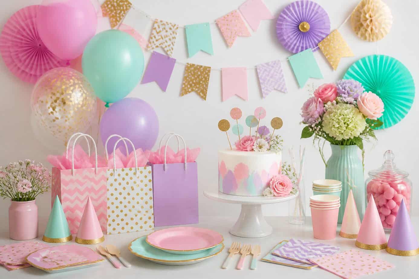 A table displaying colorful and coordinated birthday party decorations including banners, cake toppers, party hats, balloons, and favor bags.