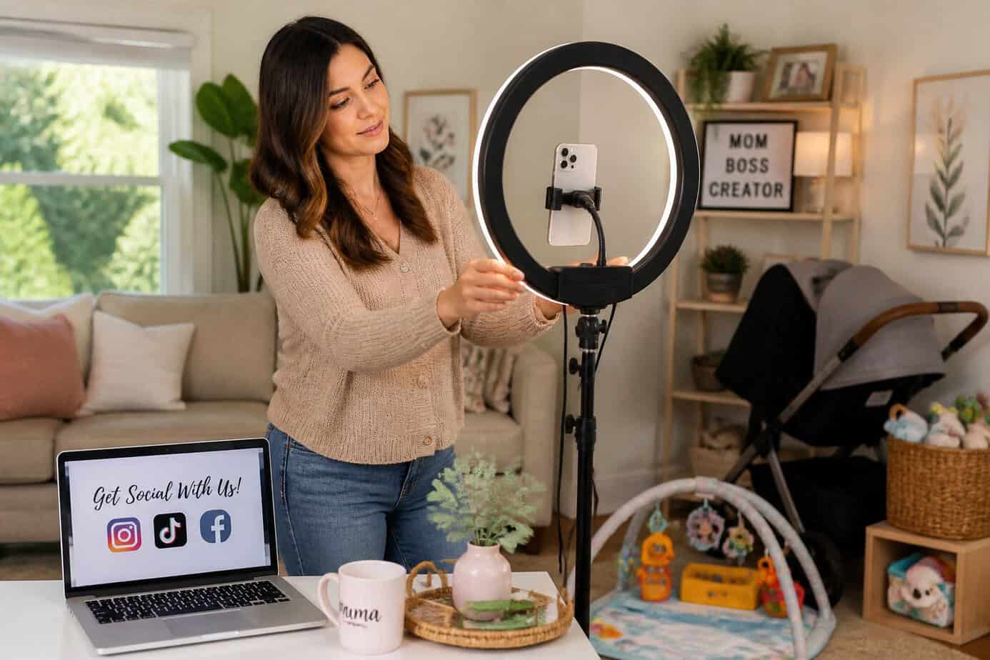 A mom adjusting a large ring light in a living room with children's toys and a smartphone set up for filming.