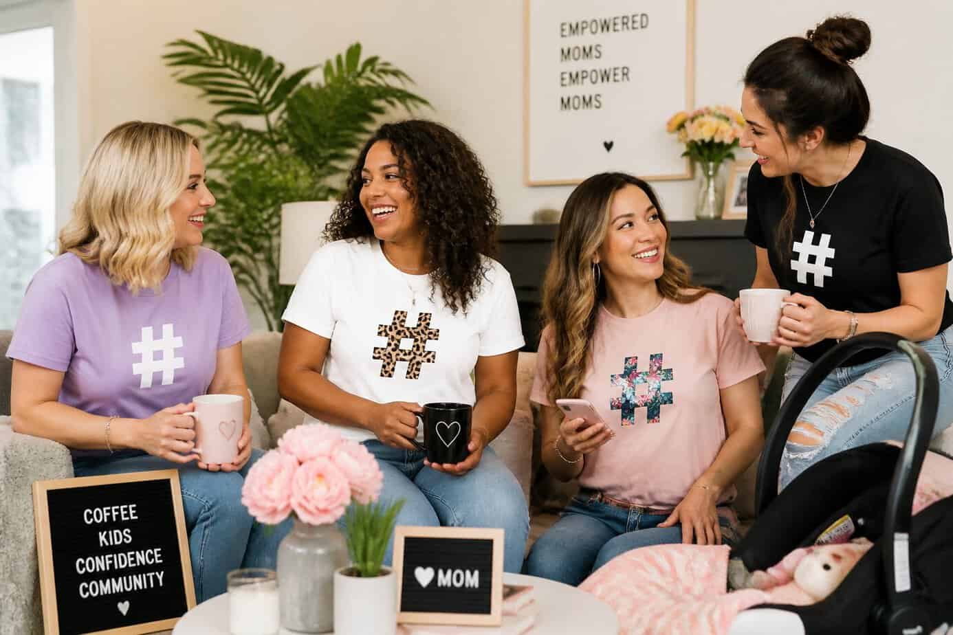 A group of moms wearing colorful custom T-shirts gathered in a living room, smiling and interacting with each other.