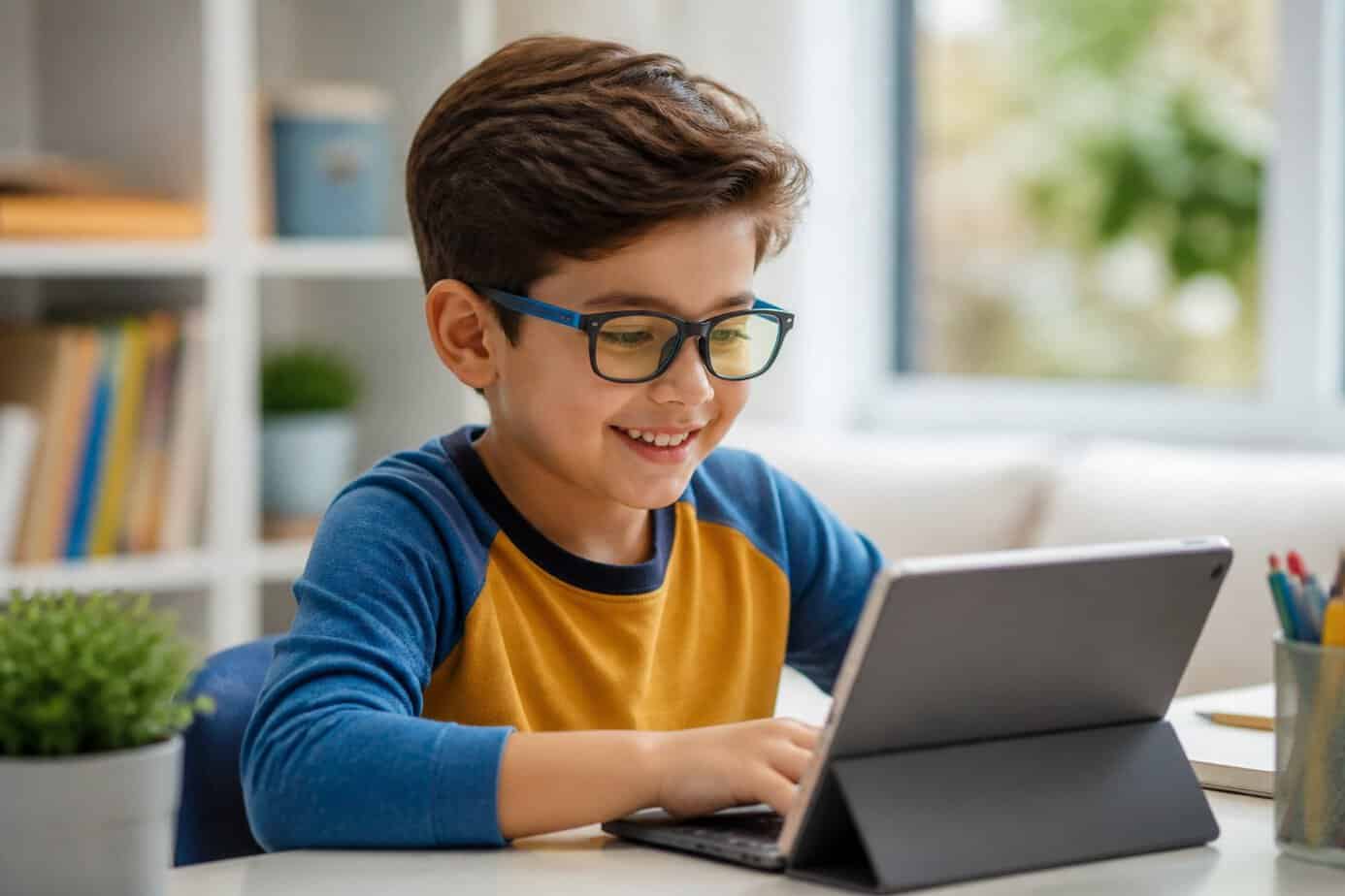 A young child wearing blue light blocking glasses is using a tablet at a desk in a bright room.