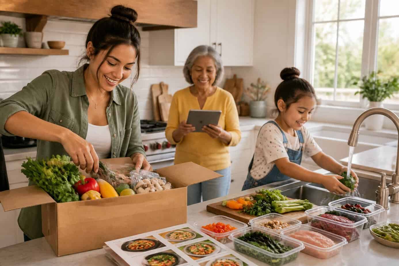 A family of three generations preparing meals together in a bright kitchen with fresh ingredients and meal-prep boxes.
