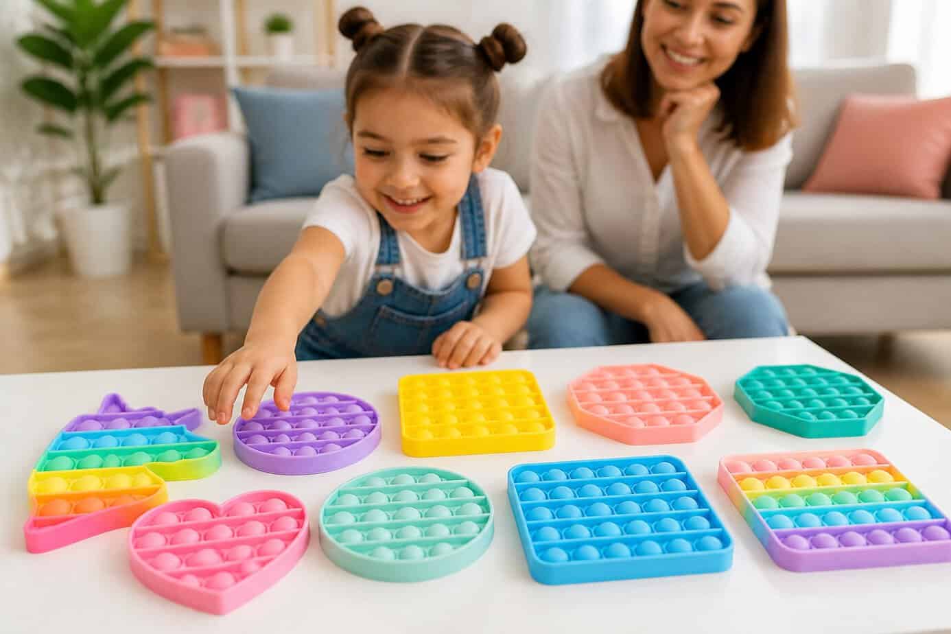 A child reaching for colorful Pop It toy clones on a table while a mother watches in a living room.
