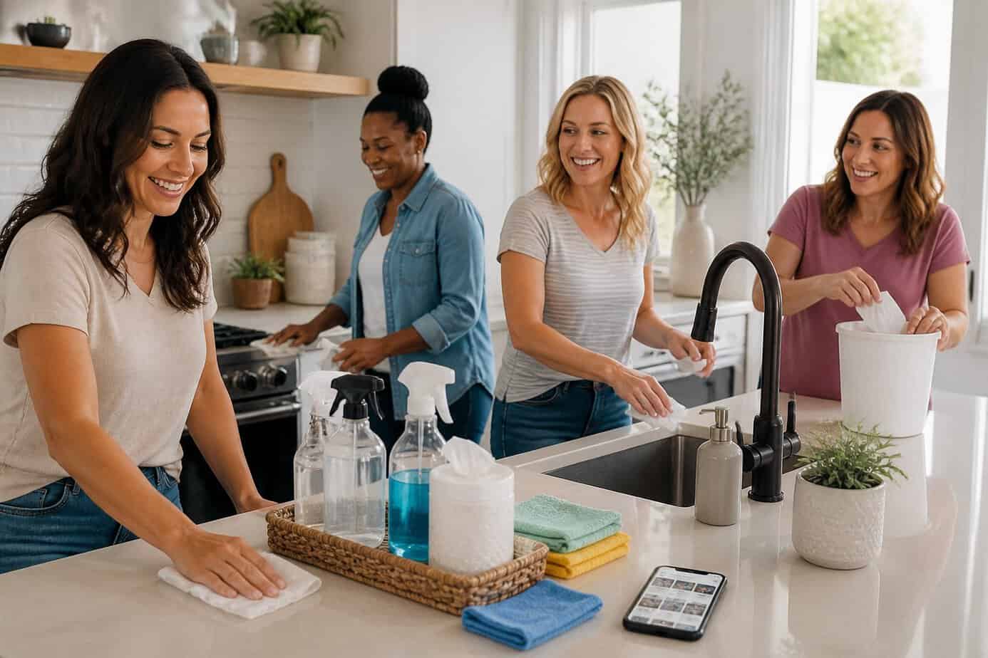 A group of moms cleaning together in a bright kitchen using single-use cleaning products like wipes and sprays.