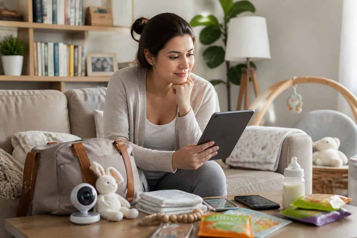 A mother sitting in a living room surrounded by modern baby products and technology, looking at a tablet.
